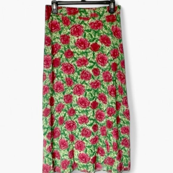 Halogen A-Line Side Slit Midi Skirt In Carmine Roses/Green Womens Size S - Picture 1 of 11